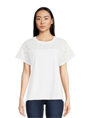 Time and Tru White Eyelet Yoke Short Sleeve Tee